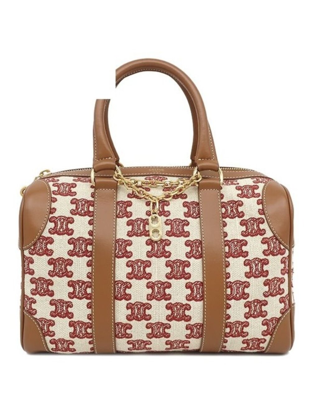 Celine 2-Way Bag Triomphe Embroidery Small Boston Canvas Leather Brown Red Gold